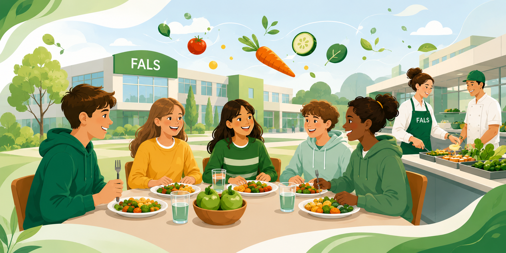 Schülerinnen und Schüler essen gemeinsam in der FALS-Mensa, im Hintergrund das Schulgebäude und die Essensausgabe