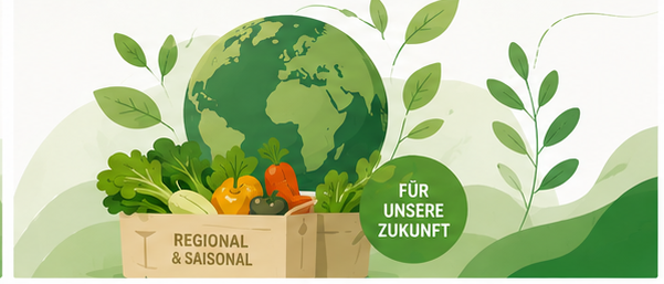 Weltkugel mit Kiste voll regionalem und saisonalem Gemüse, Schriftzug „Regional & Saisonal – Für unsere Zukunft“